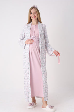 Guipure Collar Maternity-Nursing Nightgown & Patterned Robe Set Powder - 2329