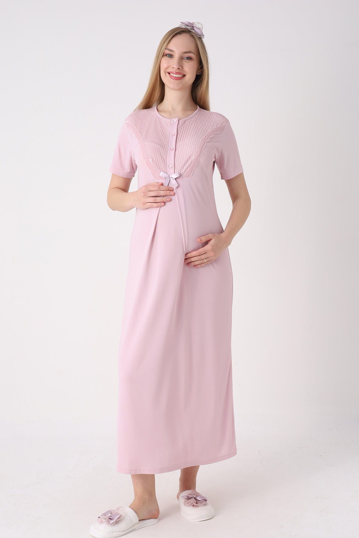 Guipure Collar Maternity-Nursing Nightgown & Patterned Robe Set Powder - 2329