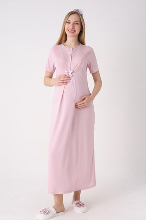 Guipure Collar Maternity-Nursing Nightgown & Patterned Robe Set Powder - 2329