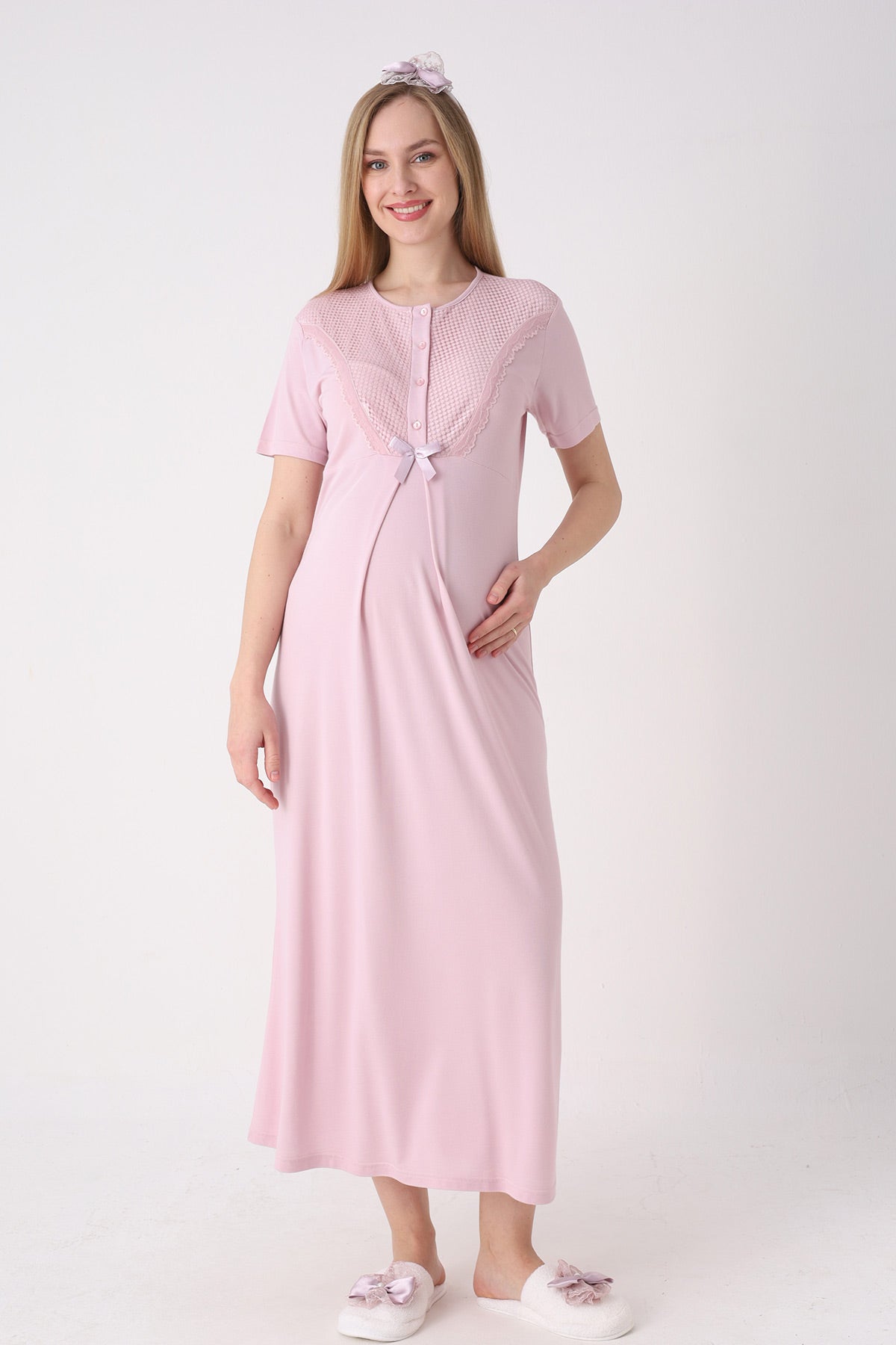 Guipure Collar Maternity-Nursing Nightgown & Patterned Robe Set Powder - 2329