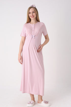 Guipure Collar Maternity-Nursing Nightgown & Patterned Robe Set Powder - 2329
