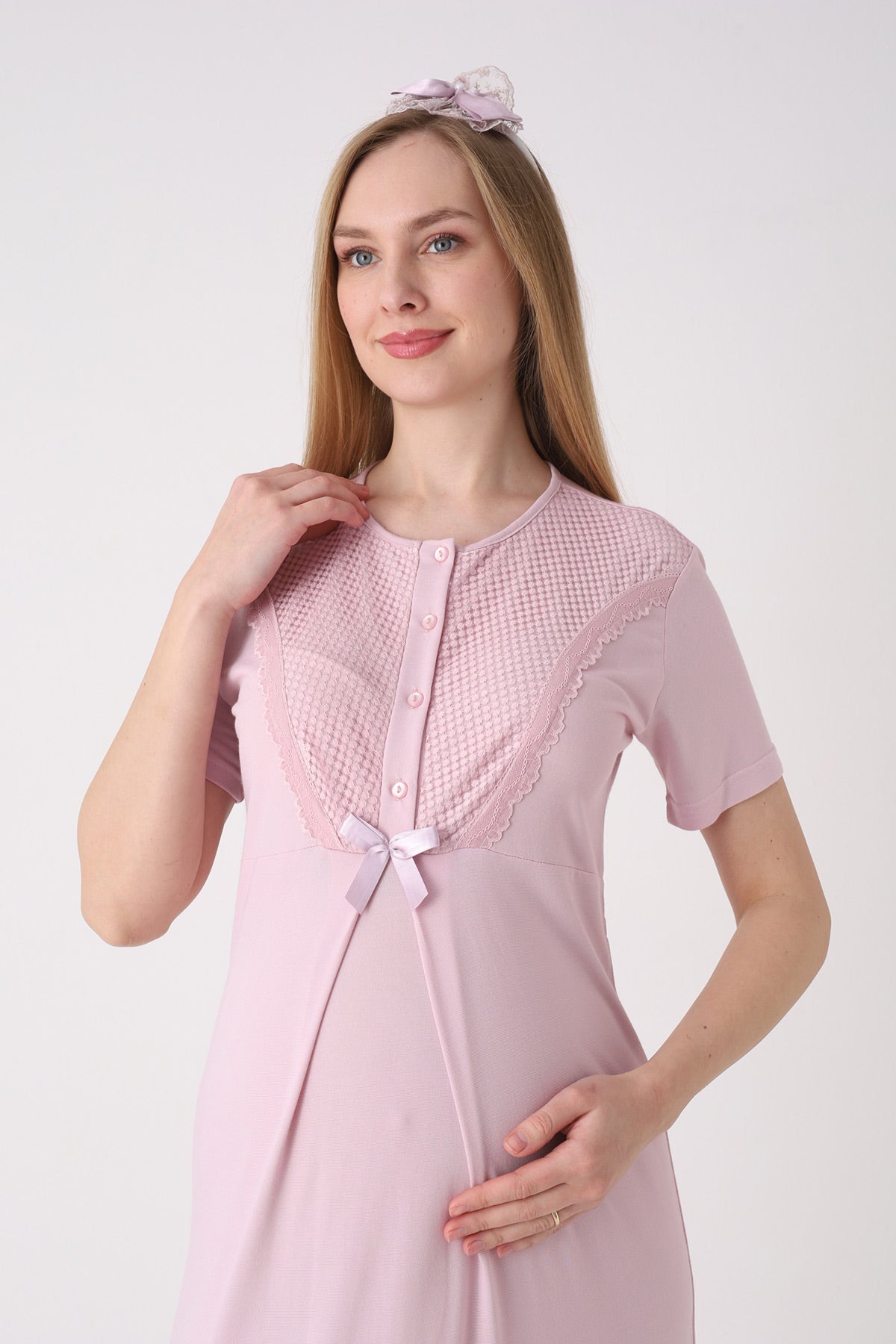 Guipure Collar Maternity-Nursing Nightgown & Patterned Robe Set Powder - 2329