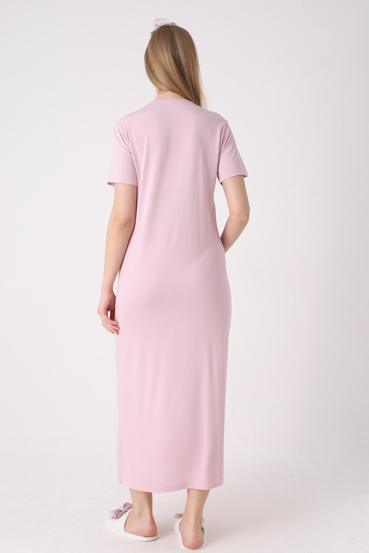 Guipure Collar Maternity-Nursing Nightgown & Patterned Robe Set Powder - 2329