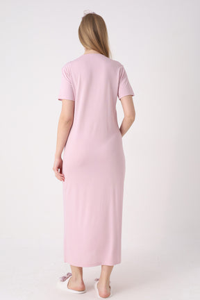 Guipure Collar Maternity-Nursing Nightgown & Patterned Robe Set Powder - 2329