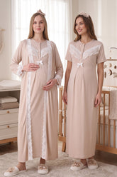 Lace Embroidered Maternity-Nursing Nightgown & Robe Set Mink - 2330