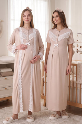 Lace Embroidered Maternity-Nursing Nightgown & Robe Set Mink - 2330