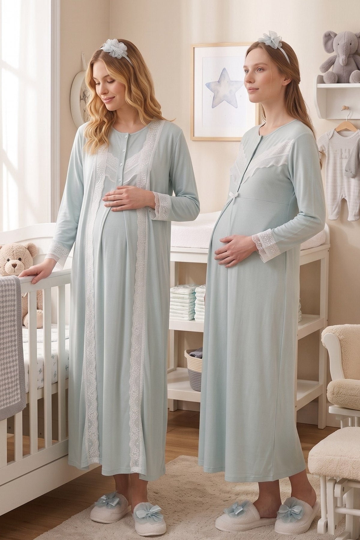 Lace Embroidered Maternity-Nursing Nightgown & Robe Set Mint - 2330