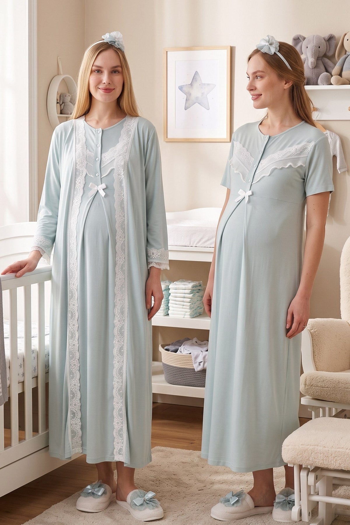 Lace Embroidered Maternity-Nursing Nightgown & Robe Set Mint - 2330