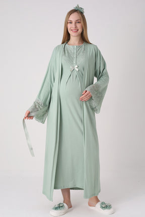 Lace Collar Maternity-Nursing Nightgown & Lace Sleeve Robe Set Green - 2331