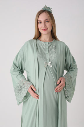 Lace Collar Maternity-Nursing Nightgown & Lace Sleeve Robe Set Green - 2331