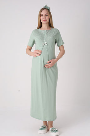 Lace Collar Maternity-Nursing Nightgown & Lace Sleeve Robe Set Green - 2331