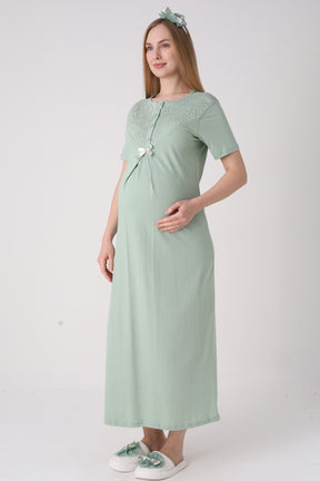 Lace Collar Maternity-Nursing Nightgown & Lace Sleeve Robe Set Green - 2331