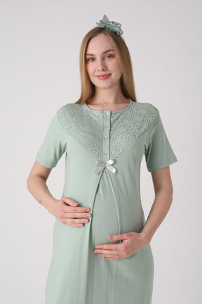 Lace Collar Maternity-Nursing Nightgown & Lace Sleeve Robe Set Green - 2331
