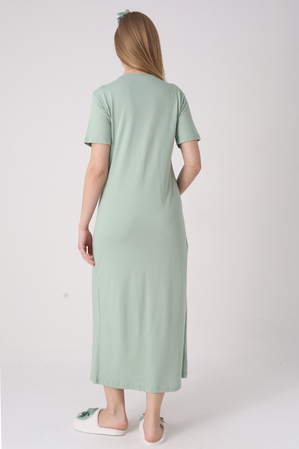 Lace Collar Maternity-Nursing Nightgown & Lace Sleeve Robe Set Green - 2331