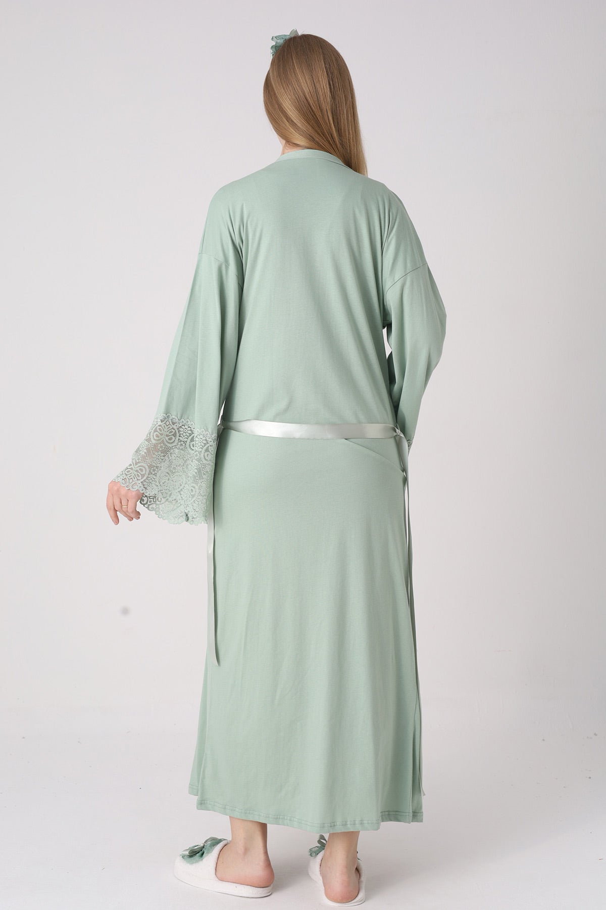 Lace Collar Maternity-Nursing Nightgown & Lace Sleeve Robe Set Green - 2331