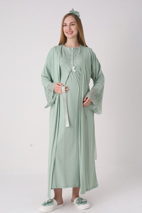 Lace Collar Maternity-Nursing Nightgown & Lace Sleeve Robe Set Green - 2331