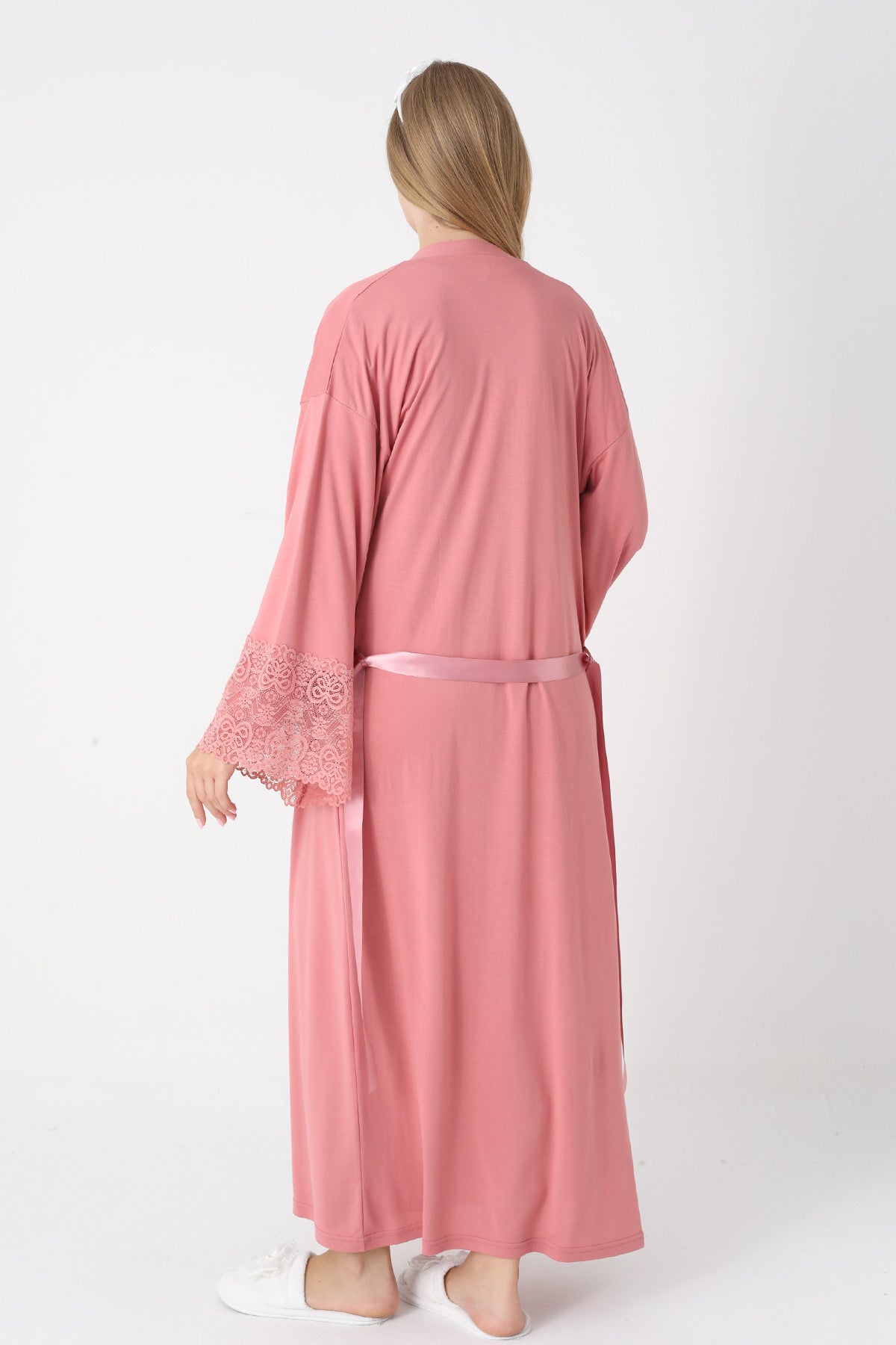 Lace Collar Maternity-Nursing Nightgown & Lace Sleeve Robe Set Pomegranate Red - 2331