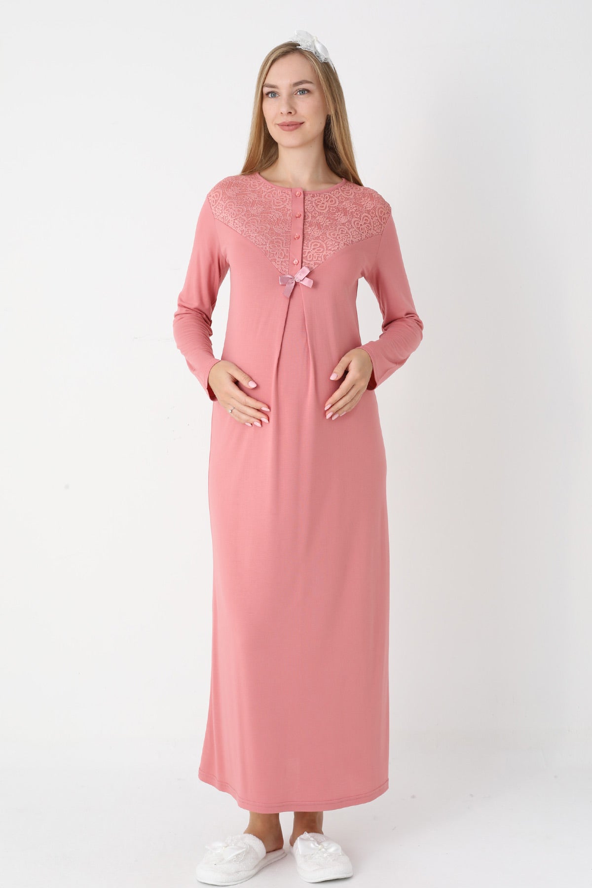 Lace Collar Maternity-Nursing Nightgown & Lace Sleeve Robe Set Pomegranate Red - 2331