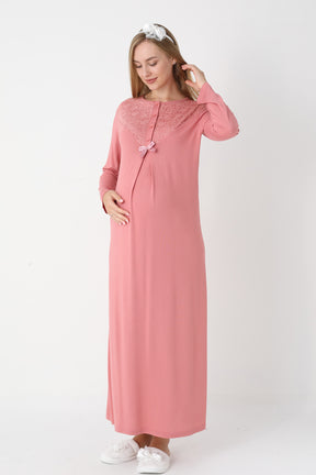 Lace Collar Maternity-Nursing Nightgown & Lace Sleeve Robe Set Pomegranate Red - 2331