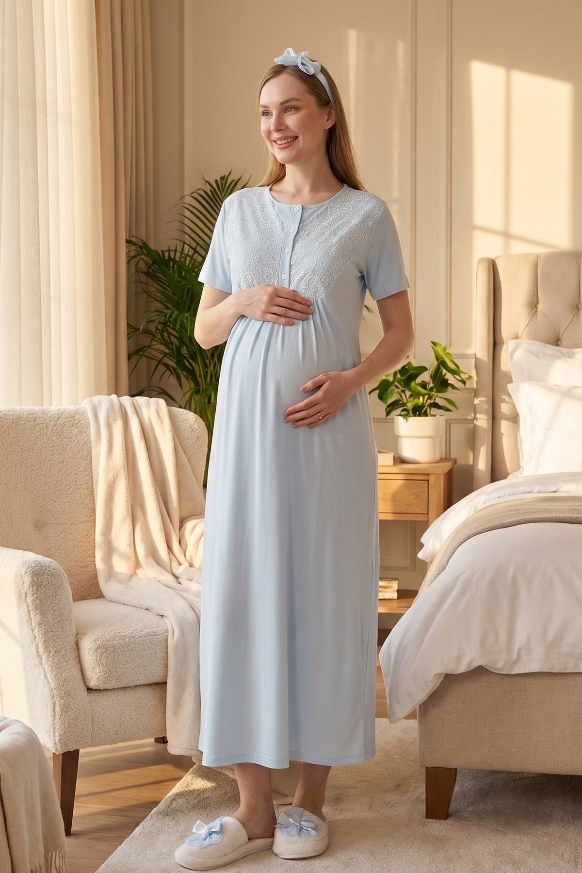 Delicate Lace Collar Maternity-Nursing Nightgown & Jacquard Robe Set Blue - 2332