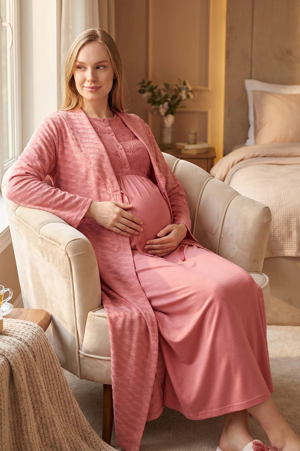 Delicate Lace Collar Maternity-Nursing Nightgown & Jacquard Robe Set Pomegranate Red - 2332