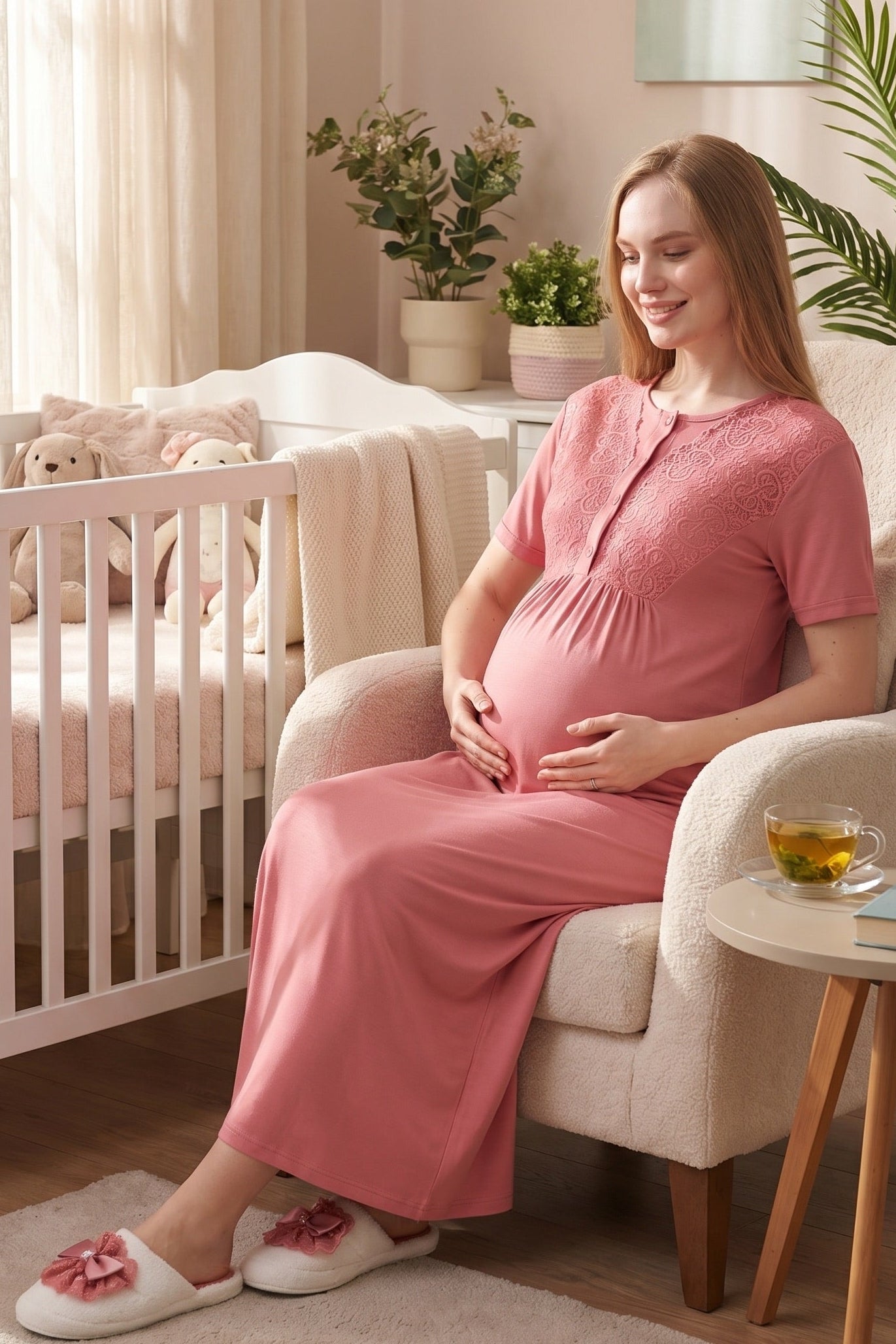 Delicate Lace Collar Maternity-Nursing Nightgown & Jacquard Robe Set Pomegranate Red - 2332