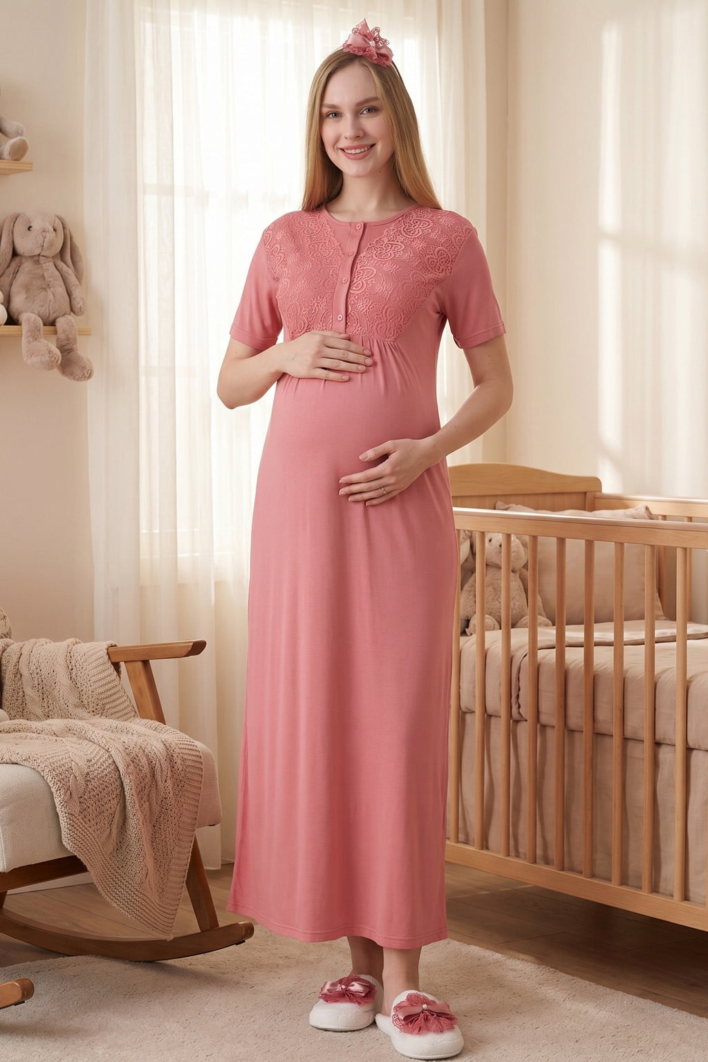 Delicate Lace Collar Maternity-Nursing Nightgown & Jacquard Robe Set Pomegranate Red - 2332