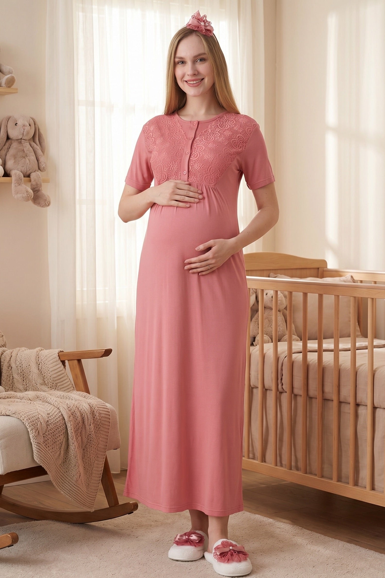 Delicate Lace Collar Maternity-Nursing Nightgown & Jacquard Robe Set Pomegranate Red - 2332