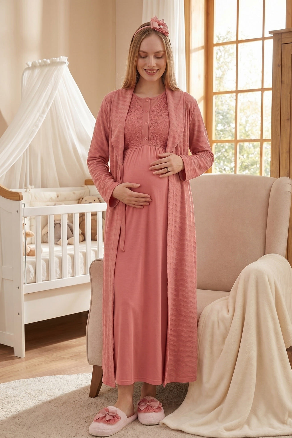Delicate Lace Collar Maternity-Nursing Nightgown & Jacquard Robe Set Pomegranate Red - 2332