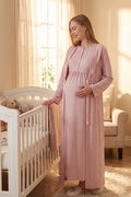 Delicate Lace Collar Maternity-Nursing Nightgown & Jacquard Robe Set Powder - 2332