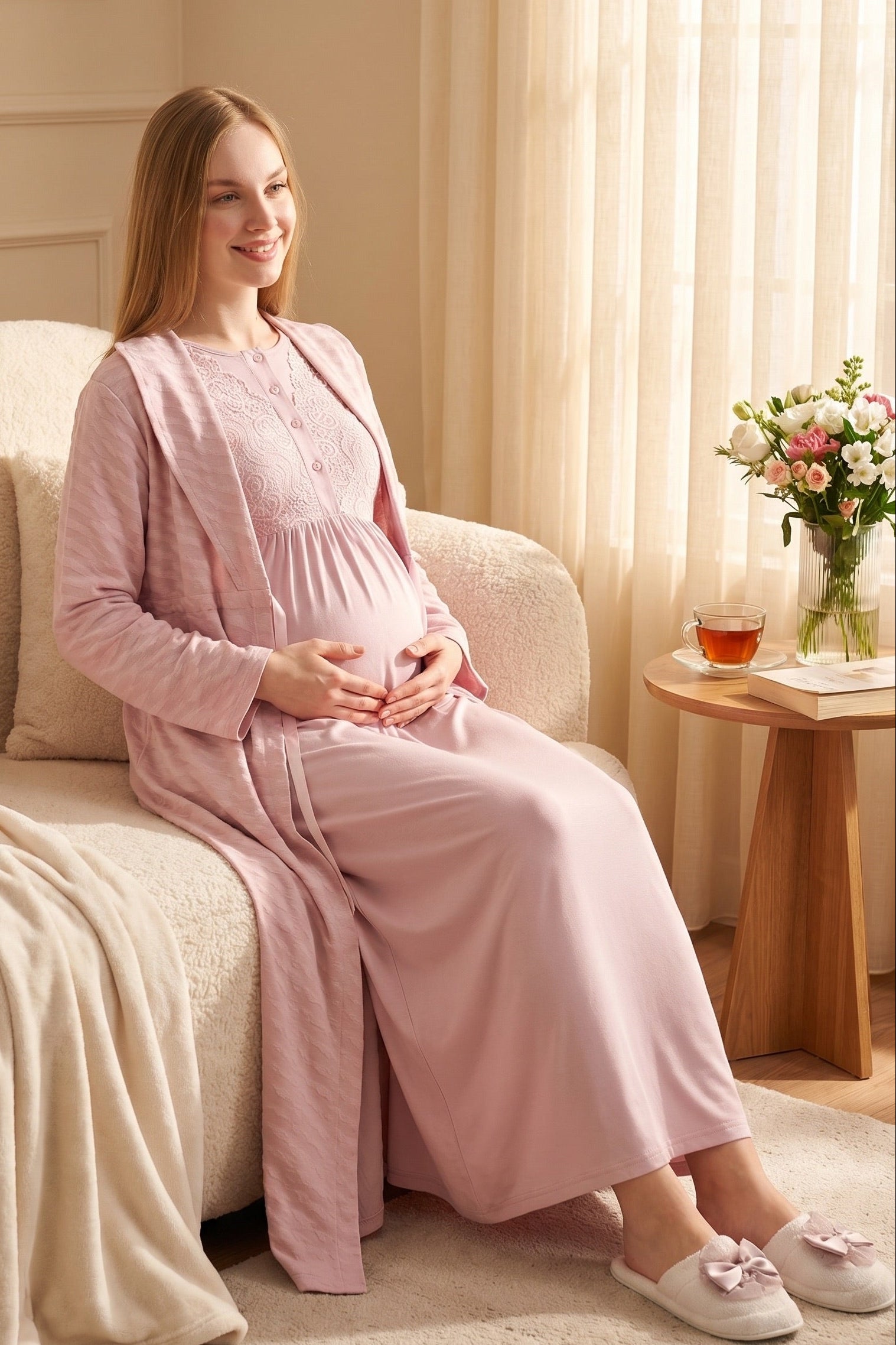 Delicate Lace Collar Maternity-Nursing Nightgown & Jacquard Robe Set Powder - 2332