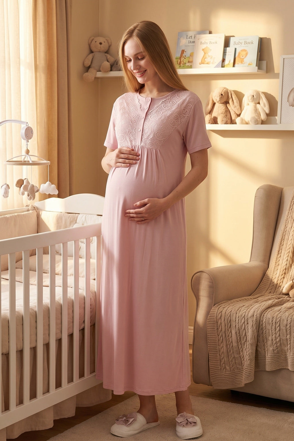 Delicate Lace Collar Maternity-Nursing Nightgown & Jacquard Robe Set Powder - 2332