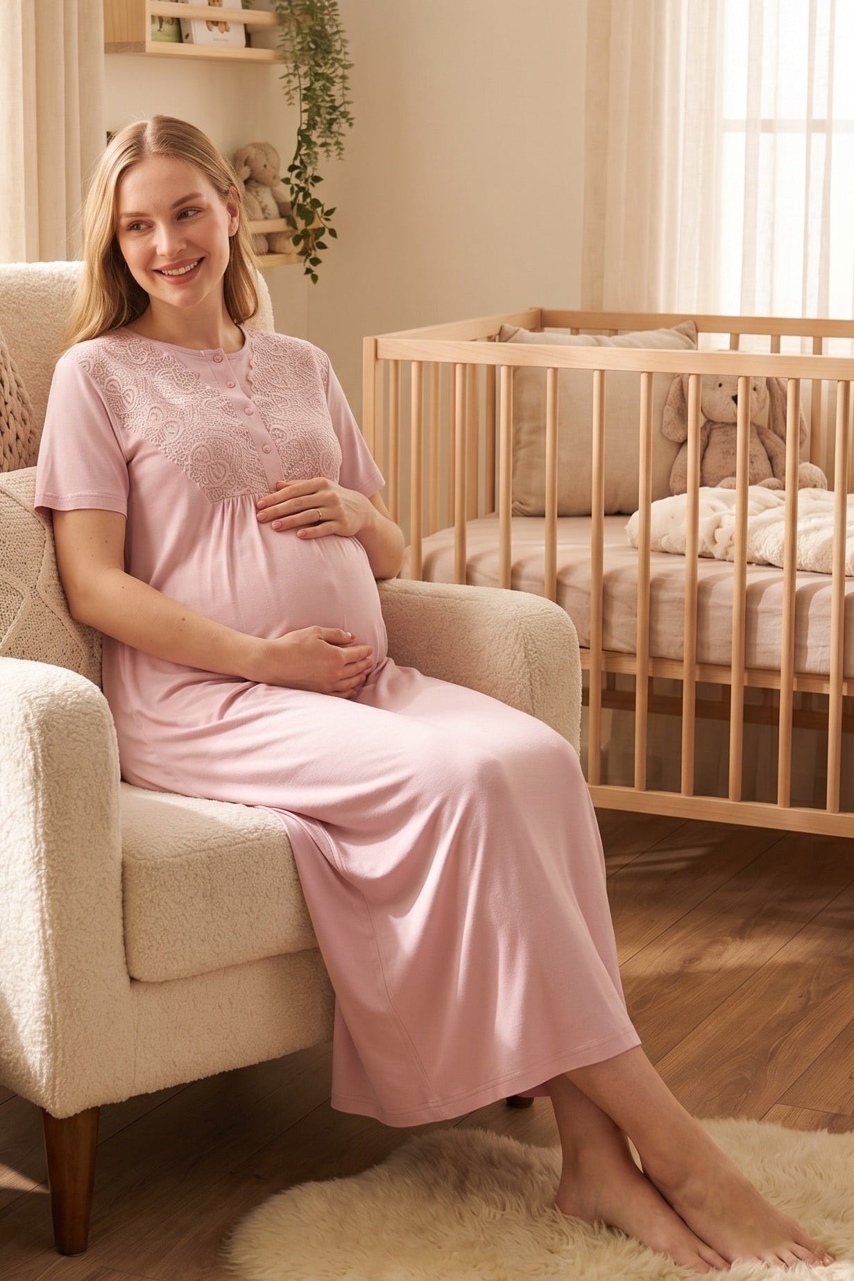 Delicate Lace Collar Maternity-Nursing Nightgown & Jacquard Robe Set Powder - 2332
