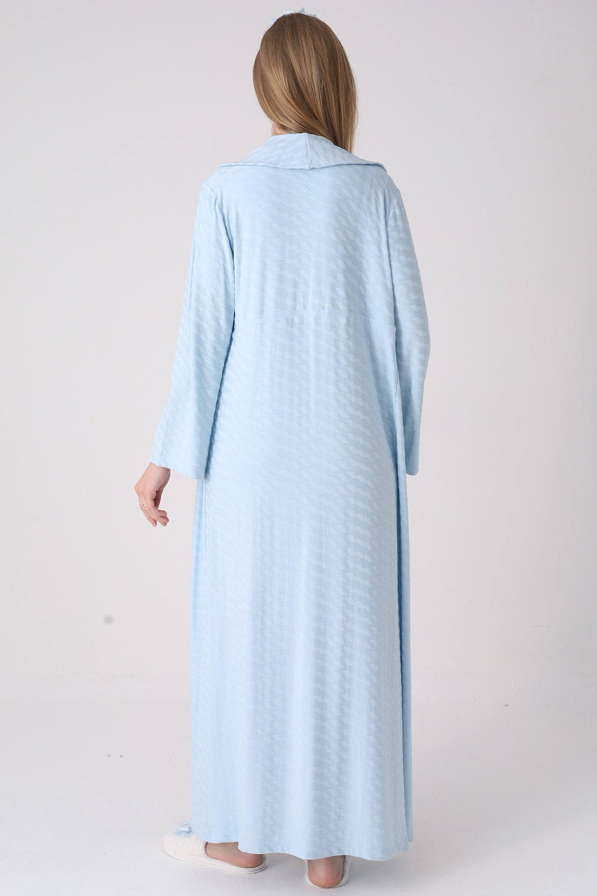 Delicate Lace Collar Maternity-Nursing Nightgown & Jacquard Robe Set Blue - 2332