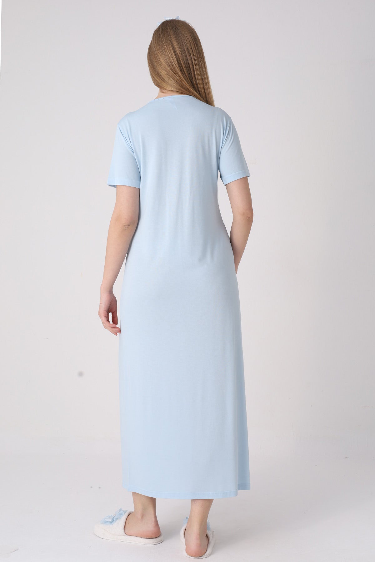 Delicate Lace Collar Maternity-Nursing Nightgown & Jacquard Robe Set Blue - 2332