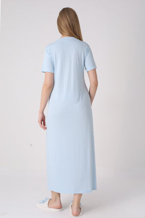 Delicate Lace Collar Maternity-Nursing Nightgown & Jacquard Robe Set Blue - 2332
