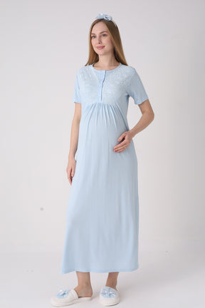 Delicate Lace Collar Maternity-Nursing Nightgown & Jacquard Robe Set Blue - 2332