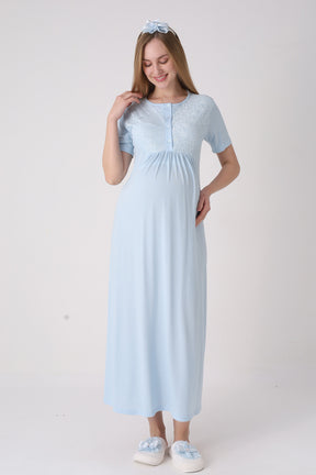 Delicate Lace Collar Maternity-Nursing Nightgown & Jacquard Robe Set Blue - 2332