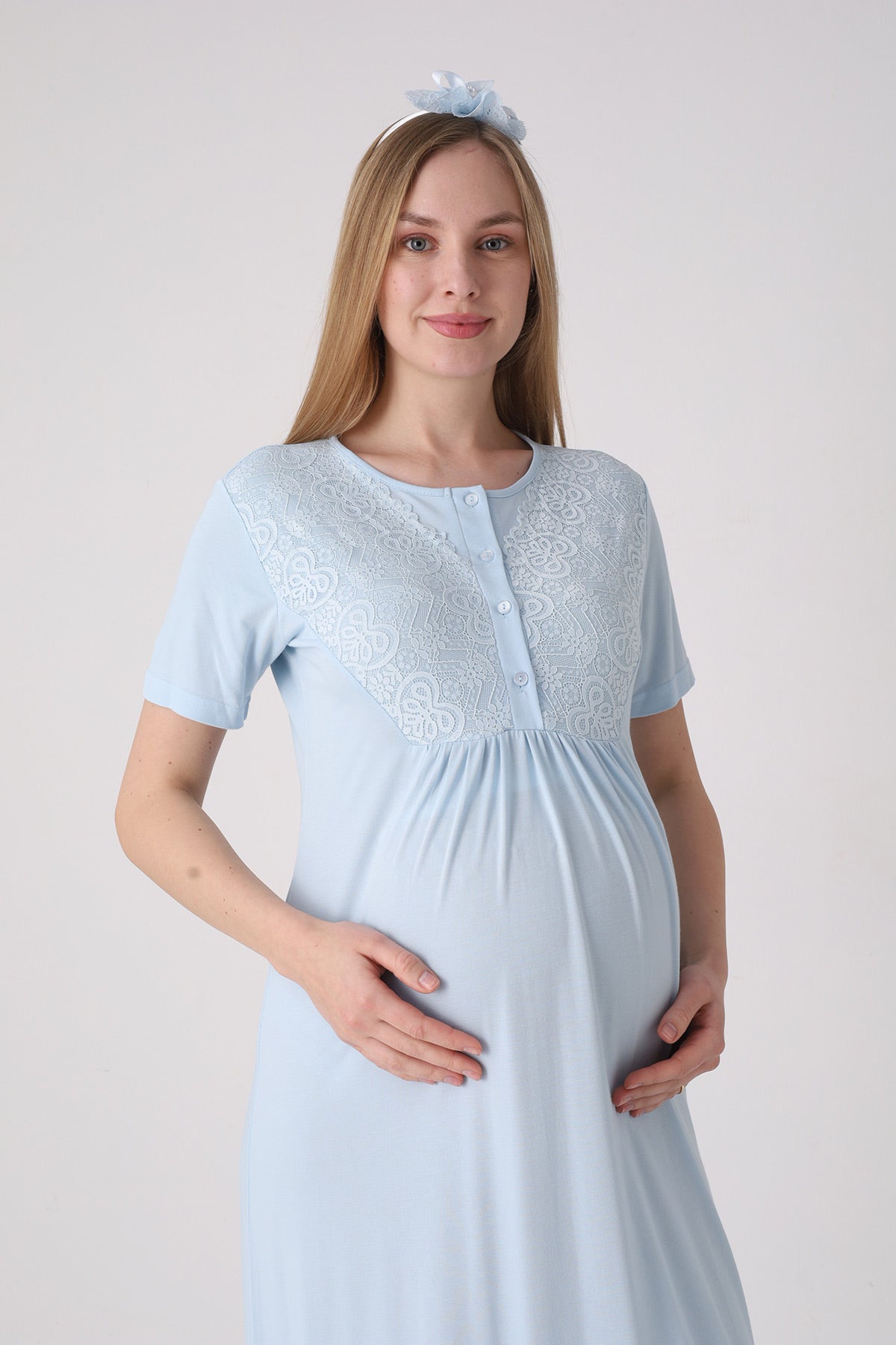 Delicate Lace Collar Maternity-Nursing Nightgown & Jacquard Robe Set Blue - 2332