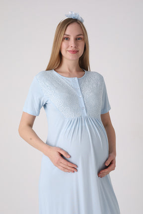 Delicate Lace Collar Maternity-Nursing Nightgown & Jacquard Robe Set Blue - 2332