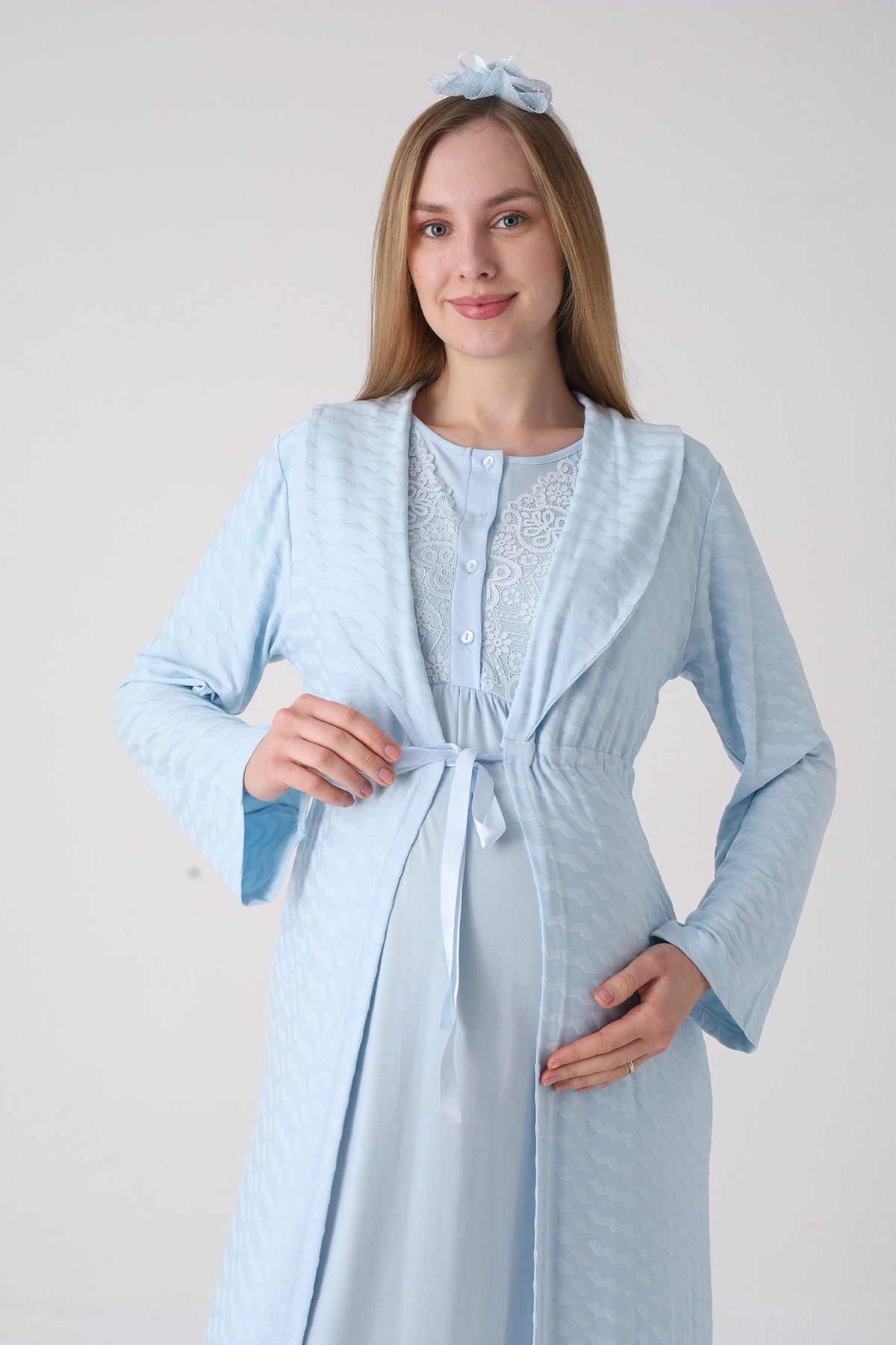 Delicate Lace Collar Maternity-Nursing Nightgown & Jacquard Robe Set Blue - 2332