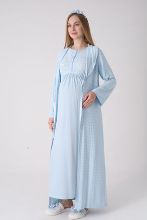 Delicate Lace Collar Maternity-Nursing Nightgown & Jacquard Robe Set Blue - 2332