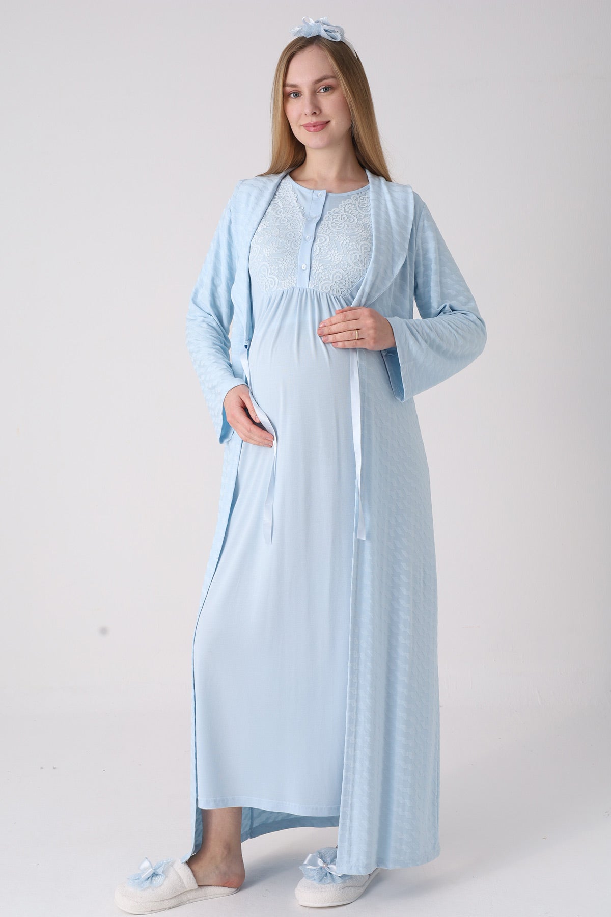 Delicate Lace Collar Maternity-Nursing Nightgown & Jacquard Robe Set Blue - 2332