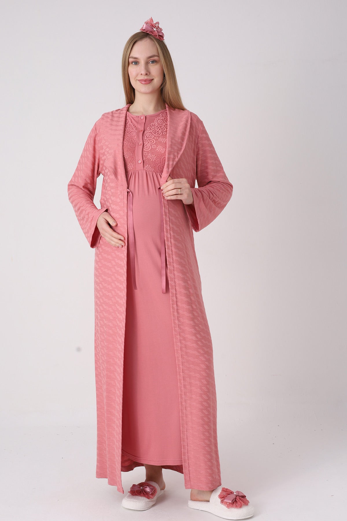 Delicate Lace Collar Maternity-Nursing Nightgown & Jacquard Robe Set Pomegranate Red - 2332