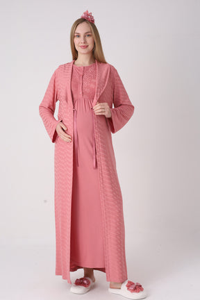 Delicate Lace Collar Maternity-Nursing Nightgown & Jacquard Robe Set Pomegranate Red - 2332