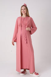 Delicate Lace Collar Maternity-Nursing Nightgown & Jacquard Robe Set Pomegranate Red - 2332