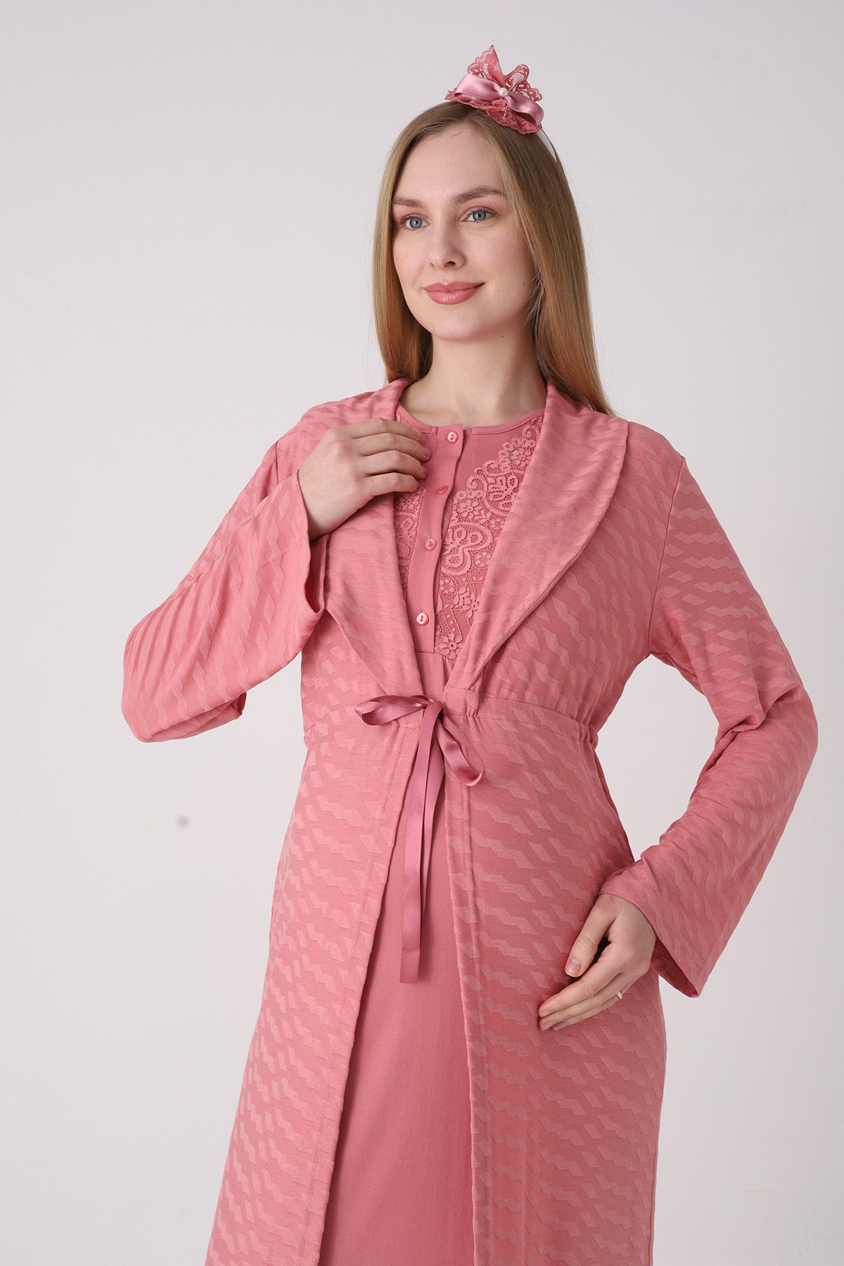 Delicate Lace Collar Maternity-Nursing Nightgown & Jacquard Robe Set Pomegranate Red - 2332