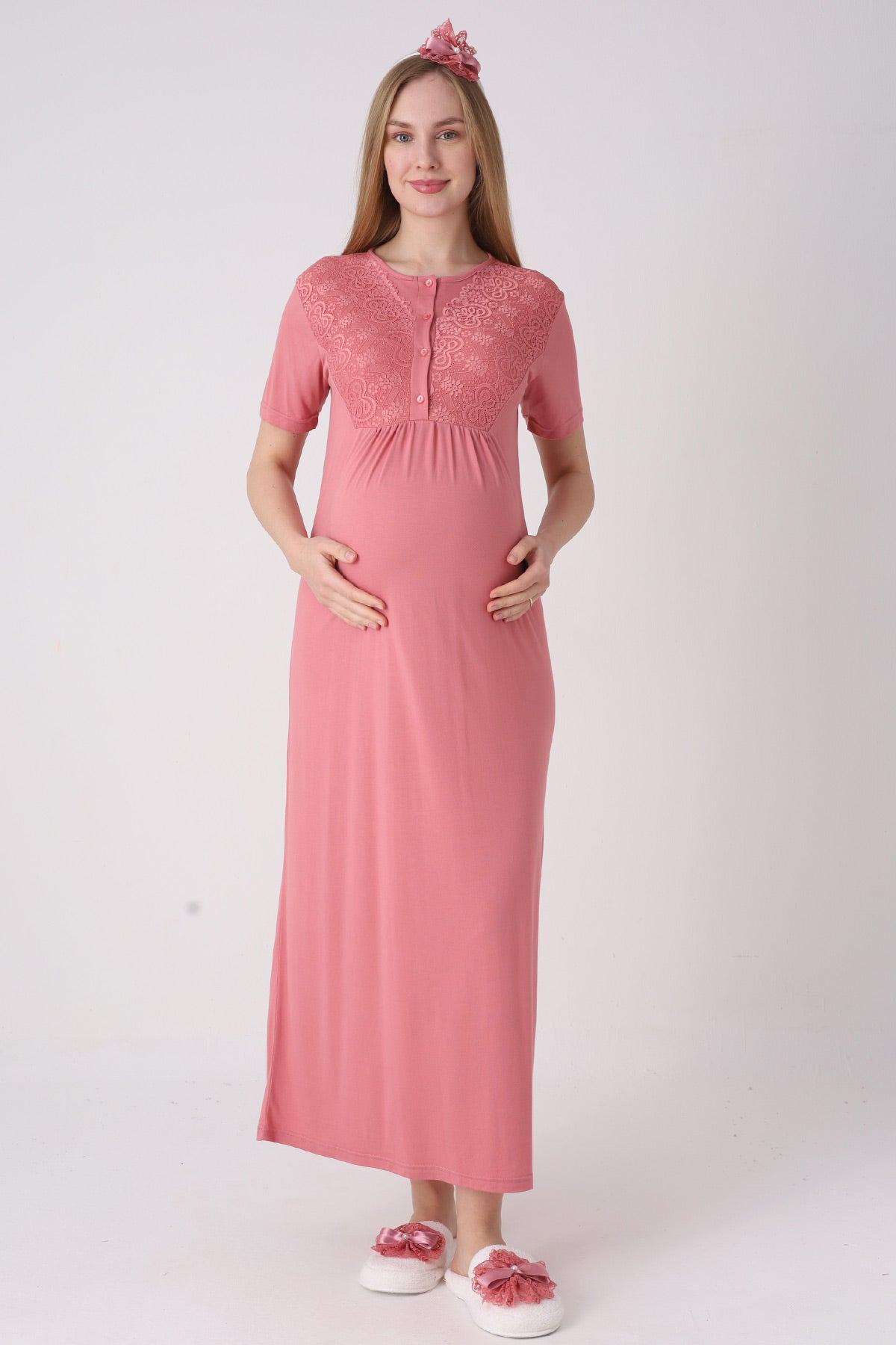 Delicate Lace Collar Maternity-Nursing Nightgown & Jacquard Robe Set Pomegranate Red - 2332