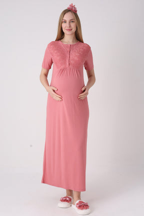 Delicate Lace Collar Maternity-Nursing Nightgown & Jacquard Robe Set Pomegranate Red - 2332