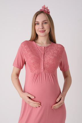 Delicate Lace Collar Maternity-Nursing Nightgown & Jacquard Robe Set Pomegranate Red - 2332